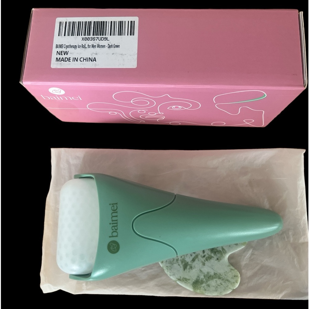 Baimei ice roller and jade Gua Sha stone.